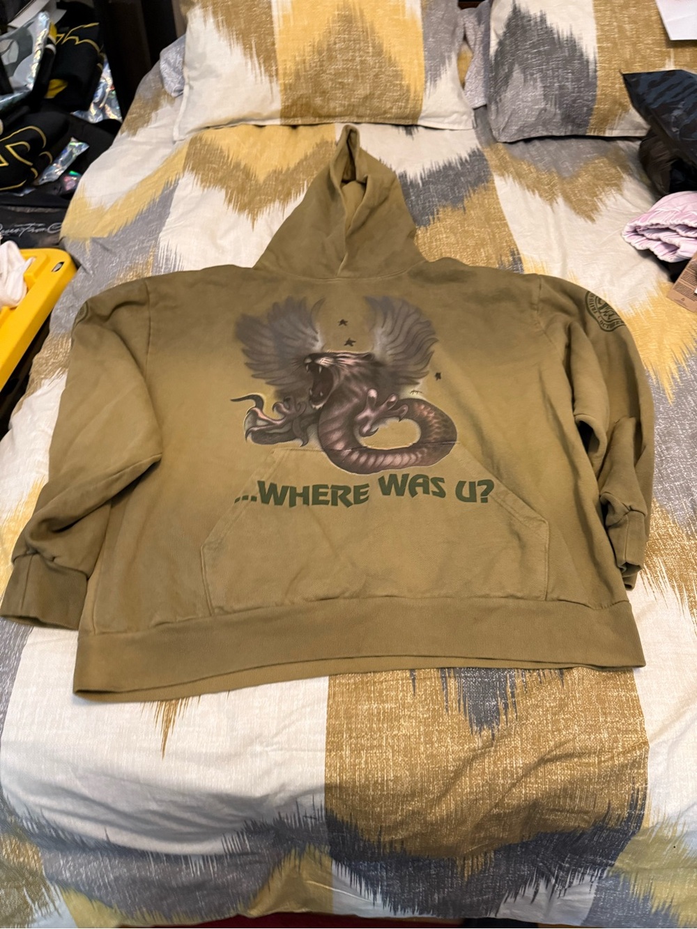 Travis Scott Where Was U Olive Green Crewneck Hoodie with Serpent Wings Graphic